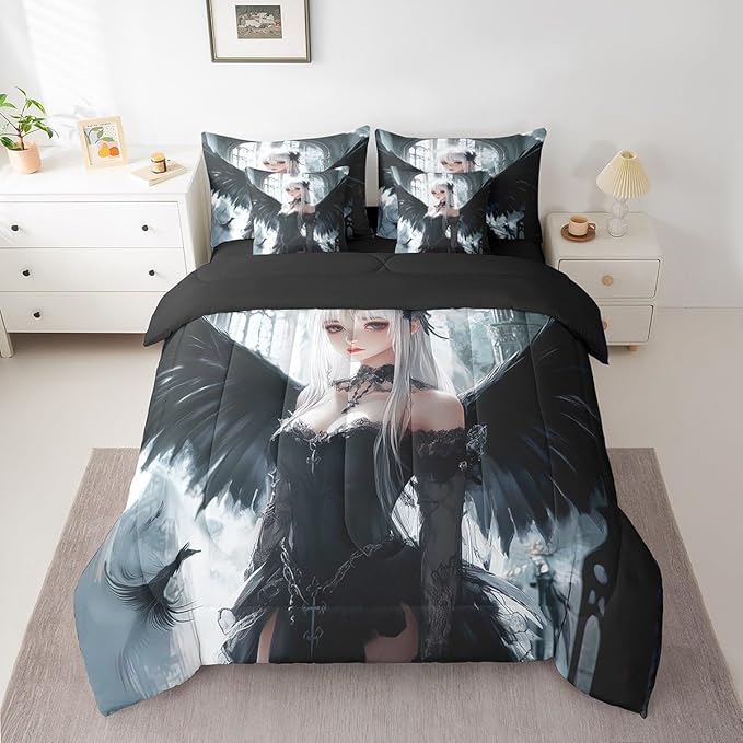 Erosebridal Anime Girl Bedding Sets 7 Piece Twin Size, Kawaii Japanese Anime Comforter Set for Kids Boys Teens Adult, Cartoon Girl Bed in A Bag Japan Animation Sheet Set, Machine Washable