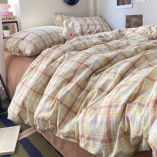 EAVD Vintage Style Buffalo Plaid Duvet Cover Set Twin Soft 100% Washed Cotton Chic Blue&Yellow&Brown Grid Plaid Bedding Set with 2 Pillowcases Farmhouse Gingham Duvet Cover with Zipper