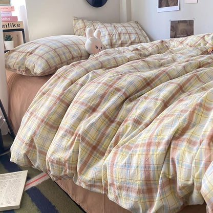 EAVD Vintage Style Buffalo Plaid Duvet Cover King Soft 100% Washed Cotton Chic Blue&Yellow&Brown Grid Checked Plaid Bedding Set with 2 Pillowcases Reversible Gingham Duvet Cover with Zipper