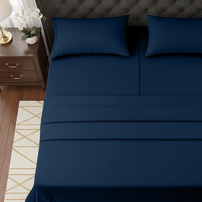 Elegant Comfort Luxurious 1500 Premium Hotel Quality Microfiber Three Line Embroidered Softest 5-Piece Bed Sheet Set, Wrinkle and Fade Resistant, Split King, Navy Blue