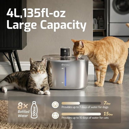 Cat Water Fountain Stainless Steel,152oz/4L Wireless Pet Fountain Battery Operated,Quiet Filtered Pet Water Fountain,Automatic Water Bowl for Cats Dogs with Motion Sensor 5 Filters