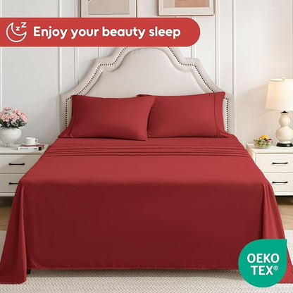 Twin Sheets Set, 3 Pieces Hotel Luxury Soft Microfiber Bed Sheets Set, Up to 16" Deep Pockets, Oeko-Tex Sheets with Elastic, Breathable, Wrinkle Free (Wine Red, Twin)