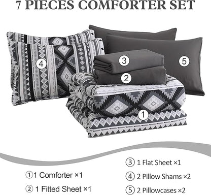 Dinjoy Dark Grey Boho Comforter Set Queen Size,7 Pieces Bed in a Bag Queen Warm Black Bedding Sets with Sheets Aztec Comforters Mens Striped Complete Set for Fall Winter 90"x90"