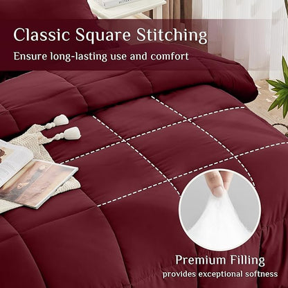 JOLLYVOGUE Queen Comforter Set, Ultra-Soft Bed in a Bag Queen Size 7 Pieces, Oeko-TEX Certified Bedding Set with Down Alternative Comforter, Sheets, Pillowcases & Shams, Burgundy