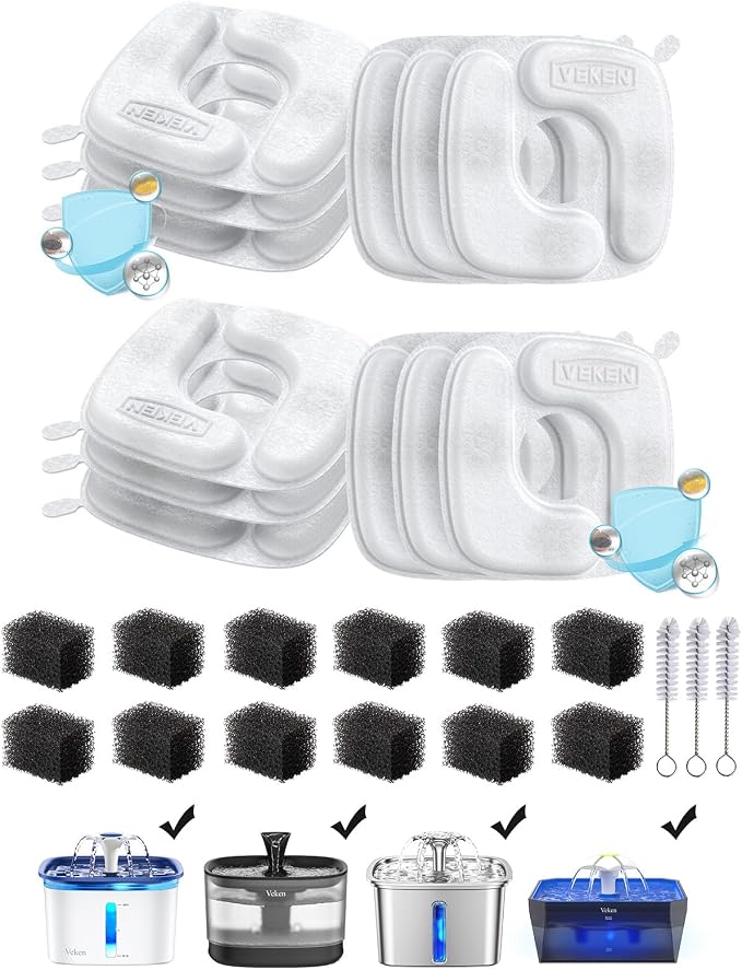 Veken Cat Water Fountain Filters, 12 Pack Replacement Filters | and 12 Pack Replacement Pre-Filter Sponges Set for 50oz, 84oz, 95oz or 108oz Automatic Pet Fountain Dog Water Dispenser