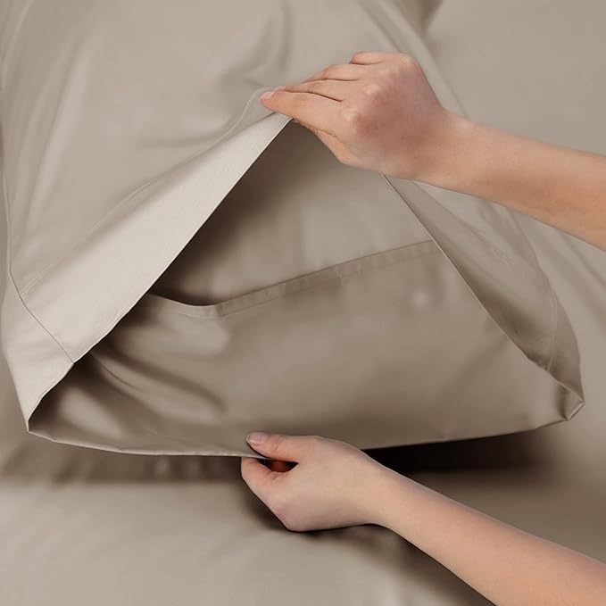 Bedsure California King Sheet Sets, Cooling Sheets, Rayon Derived from Bamboo, Deep Pocket Up to 16", PureWoven, Breathable & Soft, Hotel Luxury Silky Bedding for Hot Sleepers, Simply Taupe