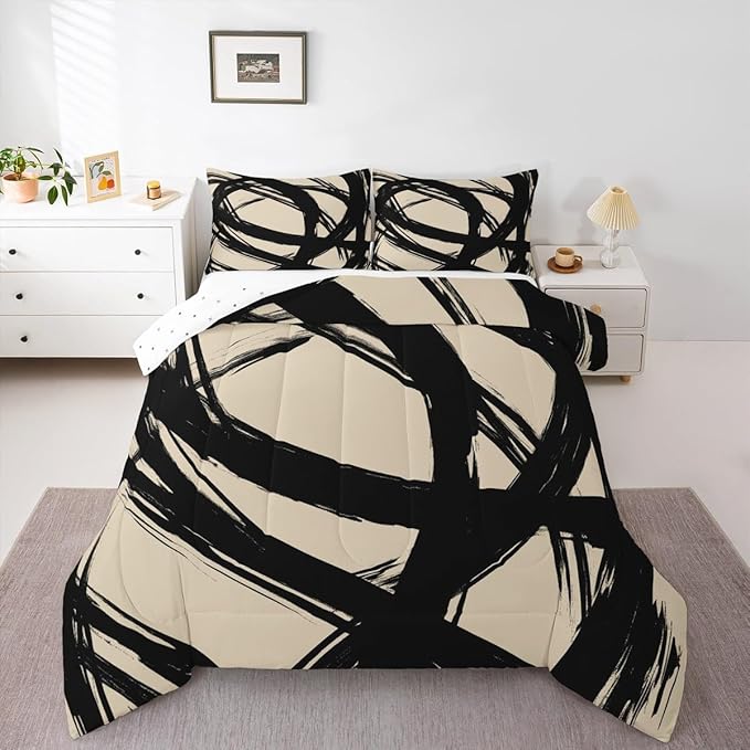 Black and Beige Abstarct Comforter Set Twin Size for Kids Boys Girs,Graffiti Stripes Lines Bedding Set,Aesthetic Geometric Duvet Insert for Minimalists,Contemporary Boho Modern Art Quilt