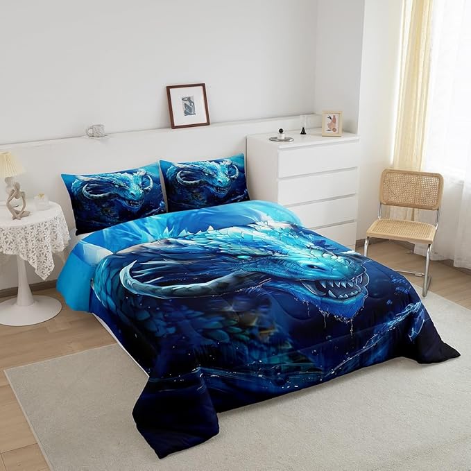 Vivid Dragon Comforter Set King Size,Gothic Nature Animal Bedding Set for Kids Boys Teens Men Room Decor,Western Magical Dragon Duvet Insert 3Pcs,Boho Exotic Wildlife Soft Quilt Set,2 Pillowcases