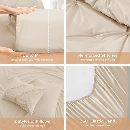 Sasttie California King Comforter Set, 7-Piece Bed in a Bag Cal King, Pintuck Bedding Set for All Season, Includes Comforter, Flat Sheet, Fitted Sheet, Pillowcases and Pillowshams, Warm Beige