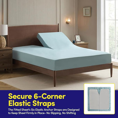 Split Head King Sheets Set for Adjustable Beds 4 Piece Flex Top Bed Sheets – Deep Pocket Split Top Fitted Sheet with Built-in Corner Straps, Luxury Soft Cooling Bedding, Wrinkle Resistant, Misty Blue