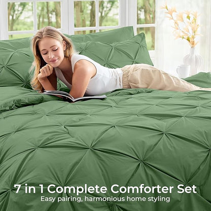 Sasttie Twin Comforter Set, 5-Piece Bed in a Bag, Pintuck Bedding Sets for All Season, Includes Comforter, Flat Sheet, Fitted Sheet, Pillowcase and Pillowsham, Green