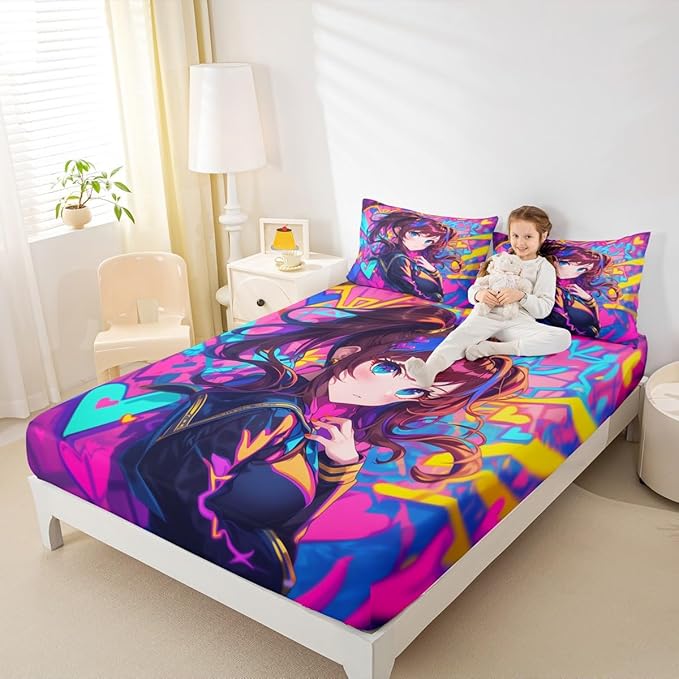 Erosebridal Anime Girl Queen Fitted Sheet, Japanese Anime Bed Sheets for Kids Girls Teens Adult Bedroom, Cartoon Girl Bedding Set Kawaii Japanese Animation Sheets 3 Piece, Purple
