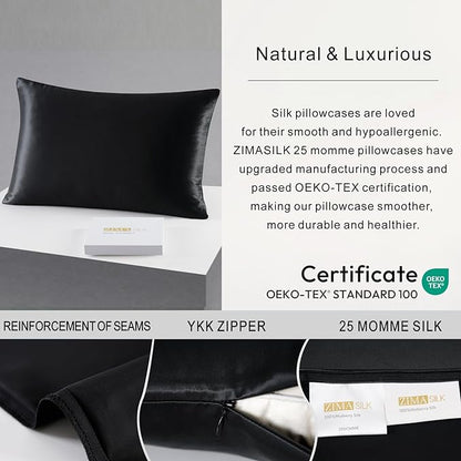 ZIMASILK 25 Momme 100% Pure Mulberry Silk Pillowcase for Hair and Skin Care, Highest Grade 6A Pillow Cases for Women, Long-Lasting Durablity, Gift for Women Men, 1Pc (Standard 20"x26", Black)