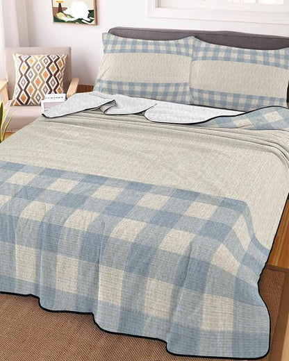 Twin Quilt Bedding Set, Retro Blue Lightweight Summer Quilt 3 Pieces Bedding Sets, Farmhouse Buffalo Plaid Vintage Beige Reversible Soft Bedspreads Coverlets with 2 Pillow Shams for All Season