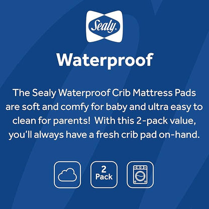 Sealy Baby 2-PACK Fitted Waterproof Infant Crib Mattress Protector Pad and Toddler Bed Cover, Durable and Comfortable Topper, Machine Washable and Dryer Friendly, 52x28”- White