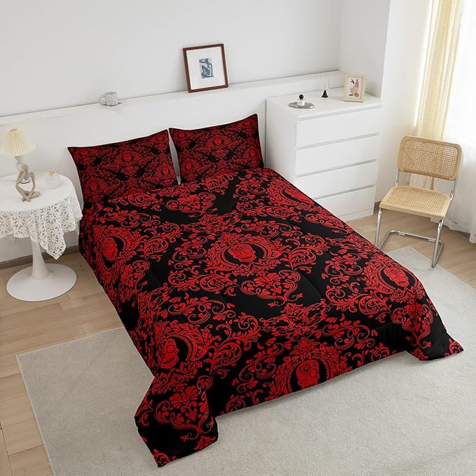 Feelyou Adults Red Vintage Damask Floral Comforter Set Oriental Antique Comforter King Size Gothic Bohemia Boho Bedding Set Exotic Sugar Skull Duvet Set Quilt Set 3Pcs