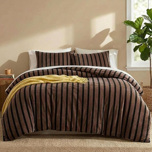 Bedbay Fleece Queen Comforter Set Brown Striped Bedding Set 3 Pcs Luxury Shaggy Velvet Comforter Set Soft Warm Fluffy Flannel Bedding Brown and Black Stripes Queen Bed Set for All Seasons