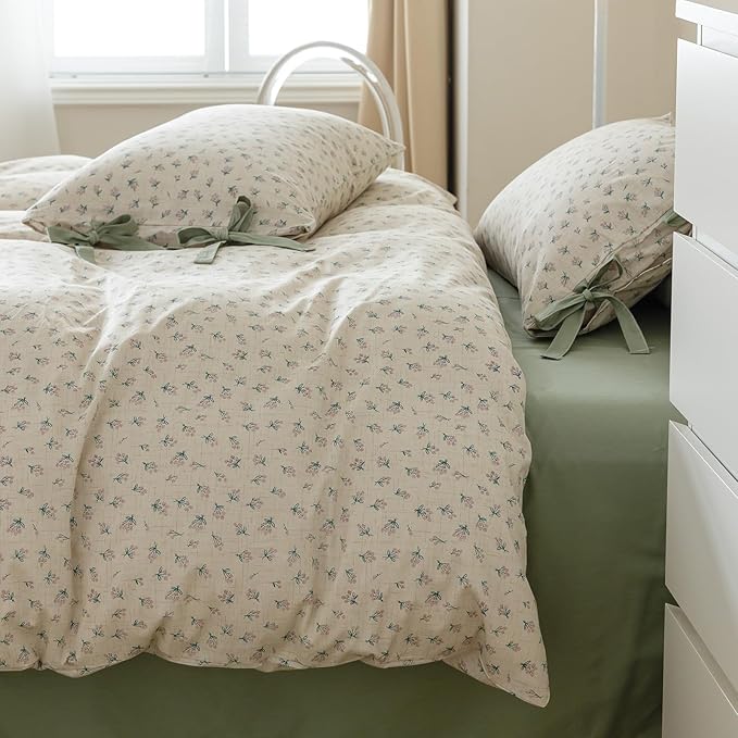 HighBuy Girl Floral Comforter Set Full Cute Boho Full Size Comforter Bedding Sets for Kids with 2 Bow Tie Pillowcases Cottagecore 3 Piece Coquette Bedding Comforter Sets Bed Set Easy Care