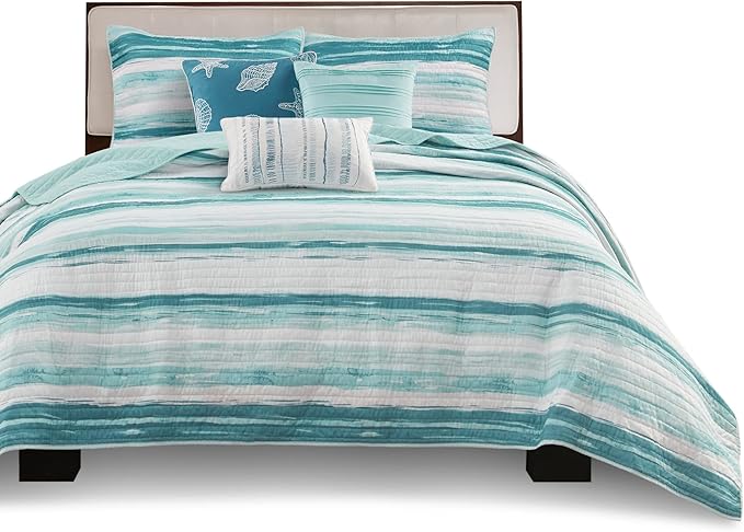 Madison Park Quilt Set Cottage Coastal Design, 6 Piece Set - All Season, Coverlet Bedspread Lightweight Bedding Layer, Shams, Toss Pillows, King/Cal King(104 in x 94 in), Aqua/White