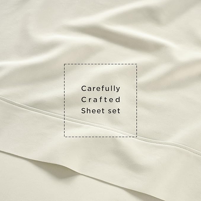 Threadmill 100% Cotton Sheets for King Size Bed | 4 Pc King Bed Sheets Set | Soft, Breathable Lightweight Solid Sateen for All-Season Use | Snug Fit Elastic Deep Pocket King Sheets | Ivory