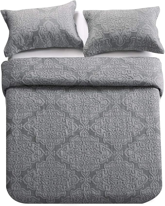 Travan 3-Piece Queen Quilt Set Quilted Bedspread Oversized Microfiber Lightweight Bedspread Coverlet Set with Shams Bedding Set for All Season, Grey, Queen Size