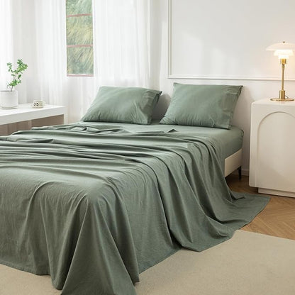 JIYUAN Twin Size Sheet Set, 3-Piece - 100% Washed Cotton, Linen-Like Soft & Breathable, Includes Deep Pocket Fitted & Flat Sheet with 1 Pillowcases, Hotel Quality, Heathered Green