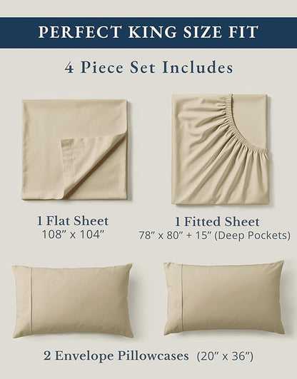 LANE LINEN 100% Organic Cotton Bed Sheets King Size, Fully Elasticized Reinforsed Seams in Fitted Pocket, Machine Washable Naturally Cooling All Season King Sheet Deep Pocket Bedding- Linen