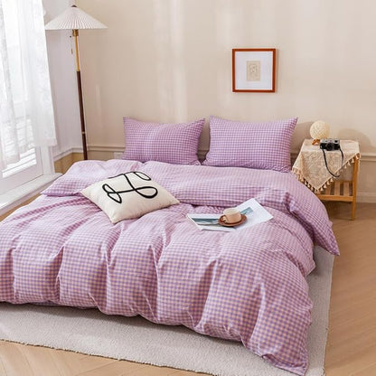 EAVD Purple Gingham Comforter Set Full Soft Mini Checkered Plaid Bedding Set with 2 Pillowcases Modern Reversible Gingham Bedding Set for Boy Women Men Farmhouse Plaid Comforter Set for All-Season