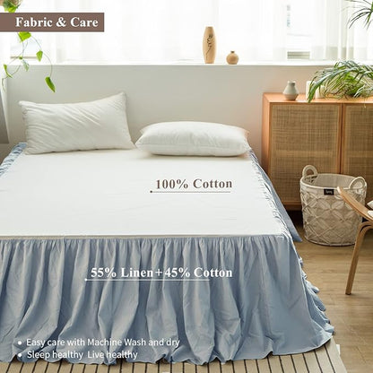 BISELINA French Linen Bed Skirt with Pleated Frills 14-Inch Tailored Drop Natural Flax Cotton Blend Dust Ruffle Soft Cozy Farmhouse Bedding (14" King, Dusty Blue)
