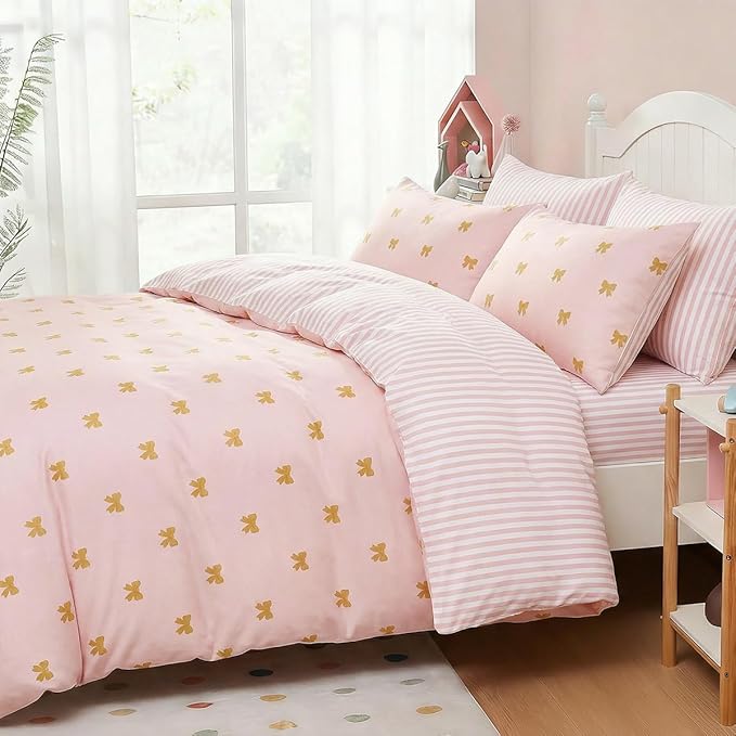 Pink Comforter Set Queen Gold Bow Bedding Set for Girls Kids, Reversible Pink White Wide Striped Pattern, Coquette Comforter 3 Pieces, with 2 Pillowcases, Soft 100% Microfiber