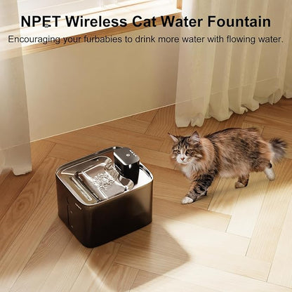 NPET Wireless Cat Water Fountain, 4L/135oz Pet Fountain with Smart Sensor, 4000mAh Rechargeable Battery Operated & Quiet Pump, Automatic Cordless Water Dispenser with 4Pcs Filters