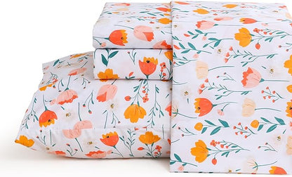 JSD Floral Floral Sheet Set Cal King, 4 Piece Spring Printed Microfiber Bed Sheets Deep Pocket