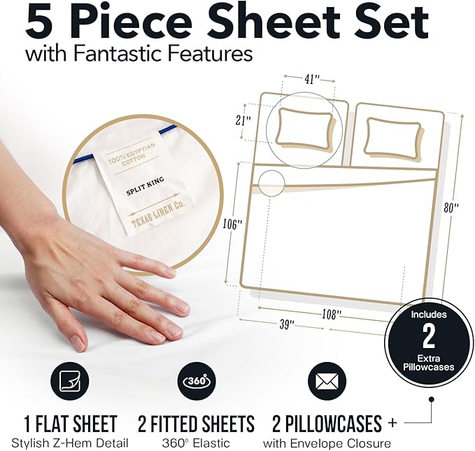 TEXAS LINEN CO. 100% Egyptian Cotton Split King Sheets Sets for Adjustable Bed - Luxury 1500 Thread Count Split Top King Sheets (5 PC, White), Breathable, Cooling, Sateen Weave 17" Deep Pocket Sheet