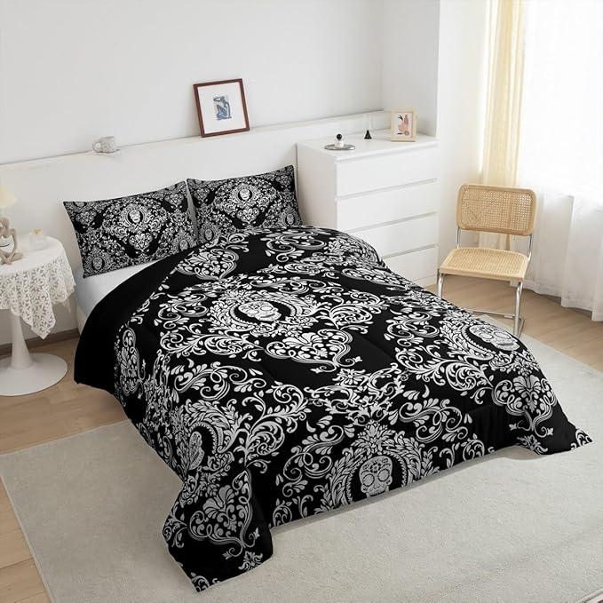 Feelyou Adults White Vintage Damask Floral Comforter Set Oriental Antique Comforter Twin Size Gothic Bohemia Boho Bedding Set Exotic Sugar Skull Duvet Set Quilt Set 2Pcs