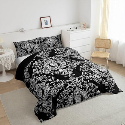 Feelyou Adults White Vintage Damask Floral Comforter Set Oriental Antique Comforter Queen Size Gothic Bohemia Boho Bedding Set Exotic Sugar Skull Duvet Set Quilt Set 3Pcs