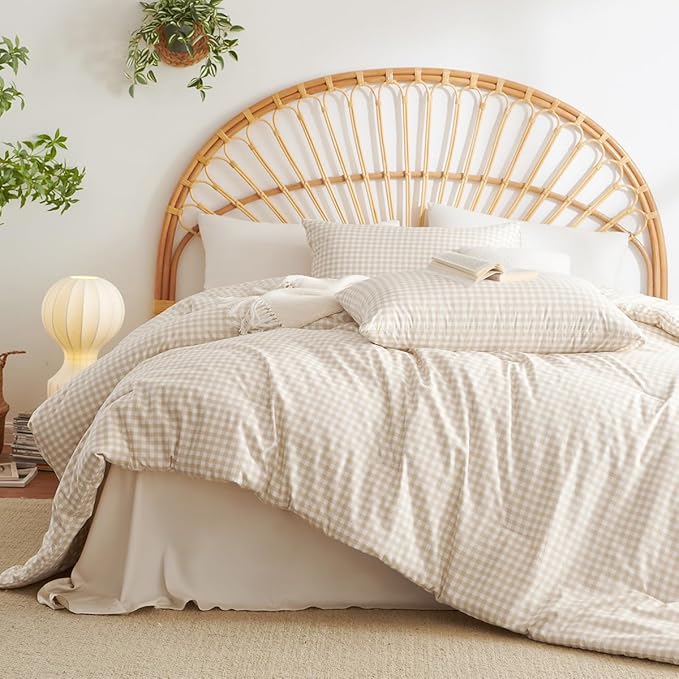 Gingham Comforter Set Queen Size - 3 Pieces Beige White Gingham Comforter Bedding Sets Checkered Pattern,Queen Bed in a Bag with Plaid Comforter and 2 Pillowcases