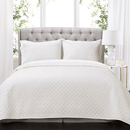 Lush Decor Ava Quilt Diamond Pattern Solid 3 Piece Oversized Bedding Blanket Bedspread Set - Full/Queen - Off-White