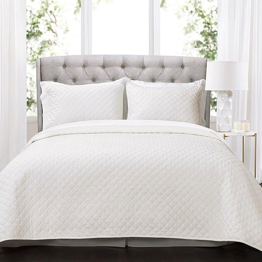Lush Decor Ava Quilt Diamond Pattern Solid 3 Piece Oversized Bedding Blanket Bedspread Set - Full/Queen - Off-White