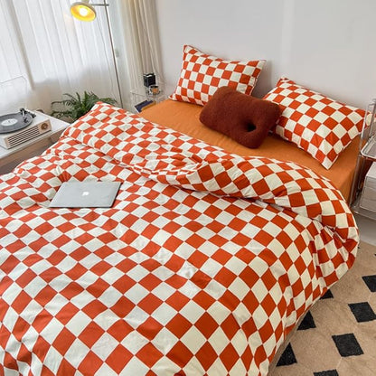 CLOTHKNOW Orange Plaid Full Size Comforter Set Grid Bedding Comforter Sets Terracotta Checker Comforter with 2 x Pillow Cases