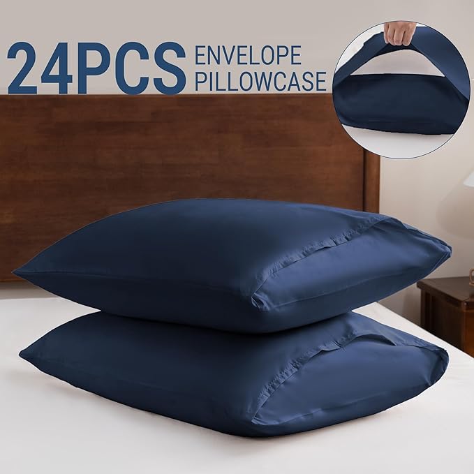 Pillowcases Queen Size 24 Pack - Bulk Pillow Cases with Envelope Closure, Soft Brushed Microfiber Pillow Covers Hospital Hotel Airb&bs Essentials for Hosts (20x30, Navy Blue)