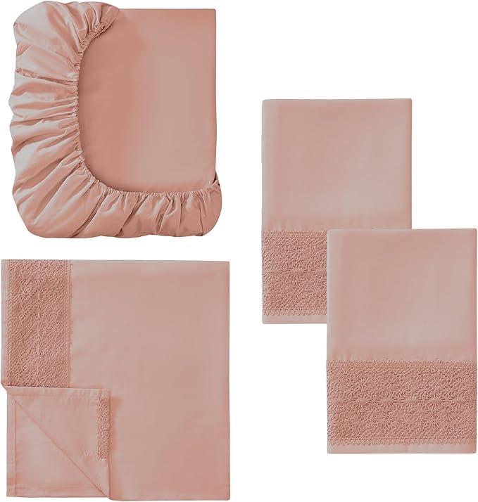 Modern Threads 4 Piece Microfiber Sheet Set – Soft Cooling Bed Sheets with Crochet Lace – Deep Pocket, Wrinkle Free, Breathable, Hotel Luxury Bedding, Rose Pink, King
