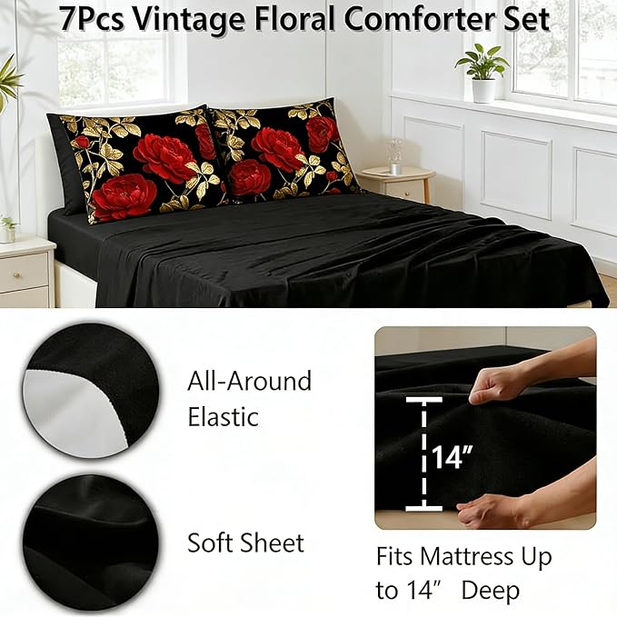Vintage Floral Full Size Bed in A Bag for Girls, 7Pcs Burgundy Comforter Set for Gothic Bedroom Decor, Black Floral Quilted Bedding with 2 Pillowcases, 79"x90"