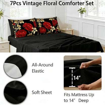 Vintage Floral Queen Size Bed in A Bag for Girls, 7Pcs Burgundy Comforter Set for Gothic Bedroom Decor, Black Floral Quilted Bedding with 2 Pillowcases, 90"x90"