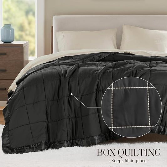 Madison Park Twin Size Blanket Ultra-Soft Microfiber Twin Size, Box Quilting with Satin Binding, All Season & Lightweight Twin Summer Blanket for Bed, Couch & Sofa, Twin, Black