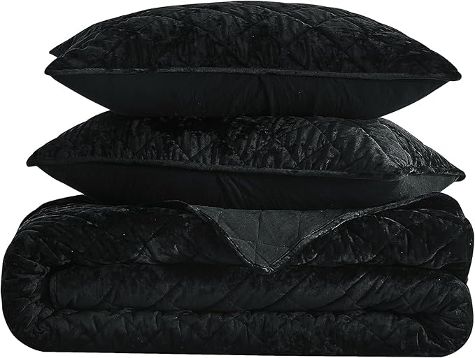 Chezmoi Collection Lux Black Velvet Quilt Oversized King Set, 3-Piece Plush Distressed Velvet Bedding All Season Lightweight Comforter Brushed Microfiber Reverse with Diamond Stitch Quilting