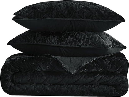 Chezmoi Collection Lux Black Velvet Quilt Oversized King Set, 3-Piece Plush Distressed Velvet Bedding All Season Lightweight Comforter Brushed Microfiber Reverse with Diamond Stitch Quilting