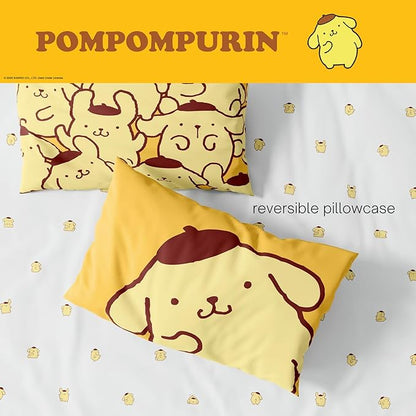 Sanrio Pompompurin Bedding Set, Queen Size 7 Piece Set Kids Super Soft Cozy Reversible Comforter and Sheet Set with Sham, (100% Officially Licensed Product) by Franco