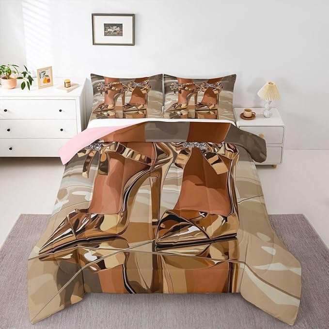Erosebridal High-Heels Girlish Girls Comforter Set Queen Size Romantic Fashion Bedding Set Fashionable Gorgeous Quilt for Kids Children Women Bedroom Decor Modern Minimalist Gold Down Comforter