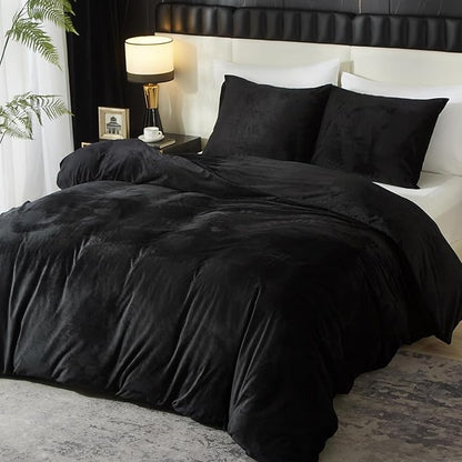 Ivellow Velvet Duvet Cover King Set Black Velvet Duvet Cover King Comforter Cover 3Pcs Ultra Soft Duvet Cover Breathable Solid Luxury Flannel Velour Duvet Cover Zipper Closure Corner Tie