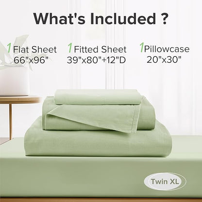 Comfort Spaces 100% Cotton Sheets Twin XL, Breathable & Soft Cotton Sheets, Naturally Cool Cotton Bed Sheets with 12" Elastic Pocket Fits up to 14" Mattress, All Seasons Sheet Set, Sage Green 3 Piece